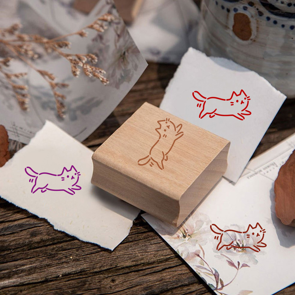 Cute Running Kitten Square Wooden Rubber Stamp for DIY Projects